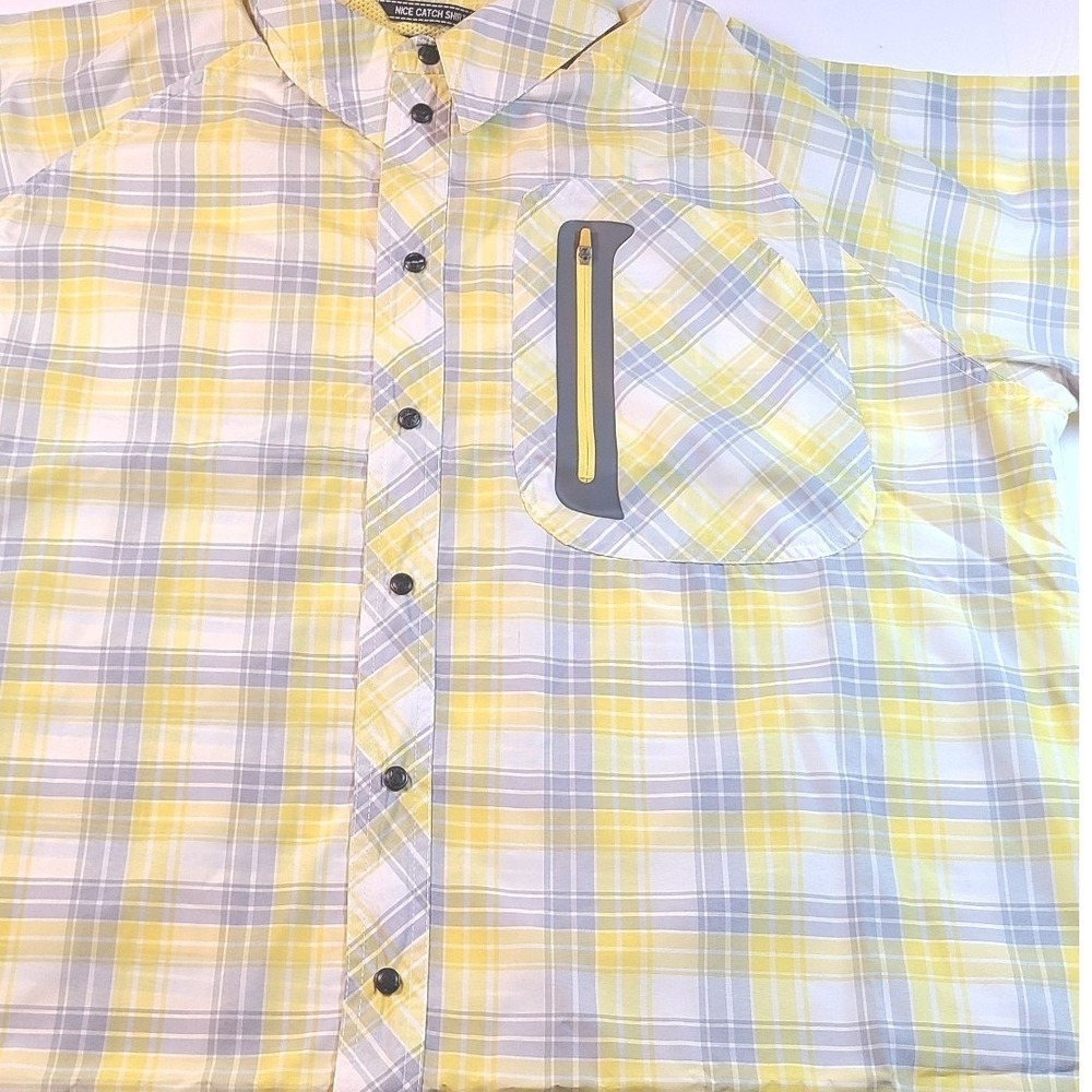 BlackTip Nice Catch Mens XL Fishing Shirt Yellow Plaid UPF 30 Short Sleeve